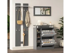 Conjunto de mobiliário de entrada - 1 espelho + 2 painéis de parede + 1 sapateira - Cinza