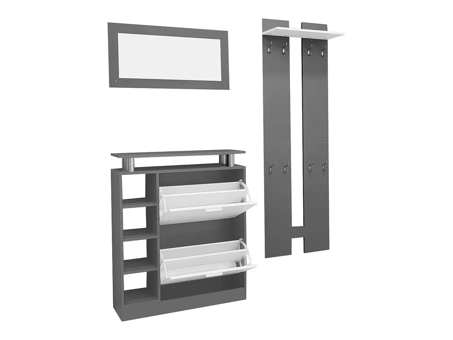 Conjunto de mobiliário de entrada - 1 espelho + 2 painéis de parede + 1 sapateira - Cinza