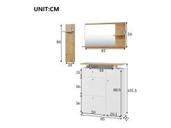 Conjunto de mobiliário para hall de entrada com 3 peças - Espelho, prateleira e sapateira - Branco e madeira