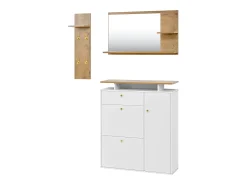 Conjunto de mobiliário para hall de entrada com 3 peças - Espelho, prateleira e sapateira - Branco e madeira