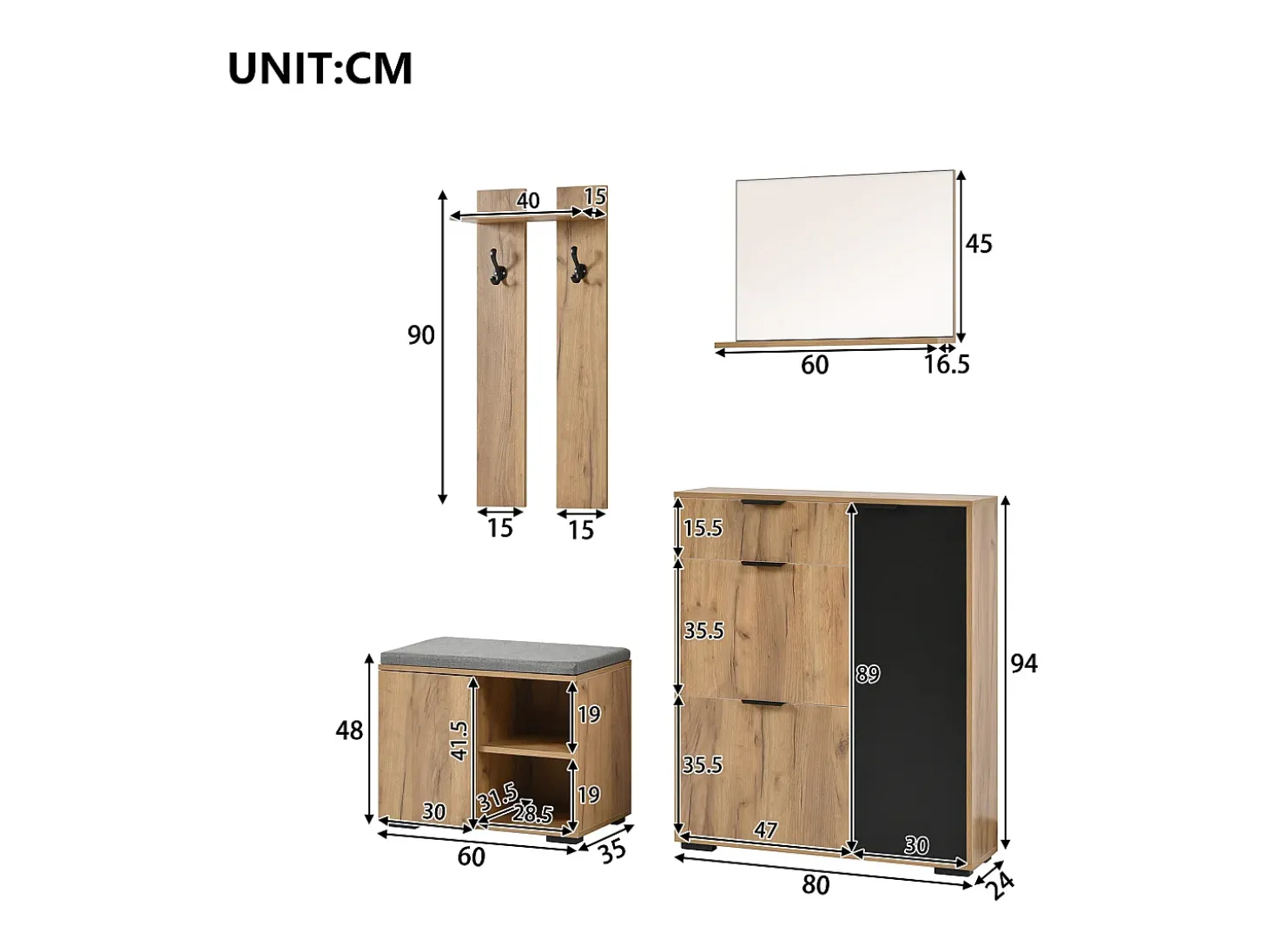 Conjunto de mobiliário para hall de entrada com 4 peças - Cor: madeira e preto