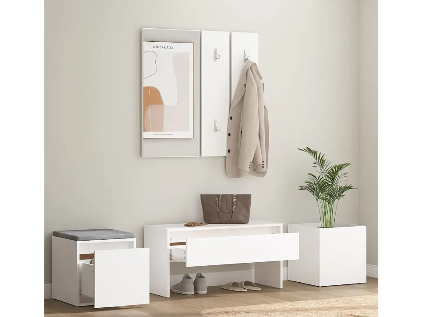 Conjunto de móveis de corredor derivados de madeira branco PT126337
