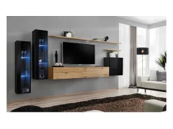 Conjunto de móveis de parede para sala de estar SWITCH XI design, nas cores carvalho Wotan e preto brilhante.