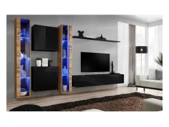 Conjunto de móveis de parede para sala de estar SWITCH XVI design, cor preto brilhante e carvalho Wotan.