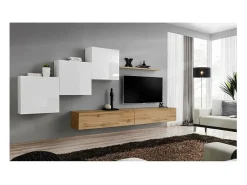 Conjunto de móveis de parede para sala de estar SWITCH X design, nas cores carvalho Wotan e branco brilhante.