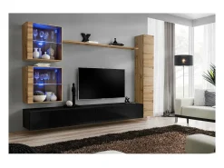 Conjunto de móveis de parede para sala de estar SWITCH XVIII, design moderno, nas cores preto brilhante e carvalho Wotan.