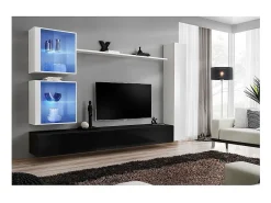 Conjunto de móveis de parede para sala SWITCH XVIII design, nas cores preto e branco brilhante.