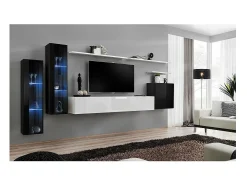Conjunto de móveis de parede para sala de estar SWITCH XI, design moderno, nas cores preto e branco brilhante.