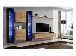 Conjunto de móveis de parede para sala SWITCH XVI design, cor carvalho Wotan e preto brilhante.