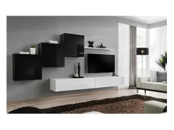 Conjunto de móveis de parede para sala SWITCH X, design, nas cores branco e preto brilhante.