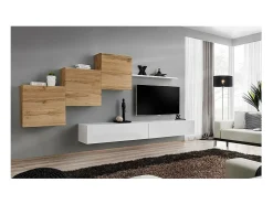 Conjunto de móveis de parede para sala de estar SWITCH X design, cor branca brilhante e carvalho Wotan.