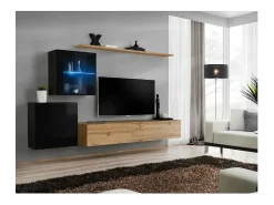 Conjunto de móveis de parede para sala de estar SWITCH XV design, cor carvalho Wotan e preto brilhante.