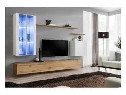 Conjunto de móveis de parede para sala de estar SWITCH XII design, cor carvalho Wotan e branco brilhante.