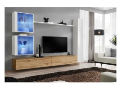 Conjunto de móveis de parede para sala de estar SWITCH XVIII design, cores carvalho Wotan e branco brilhante.