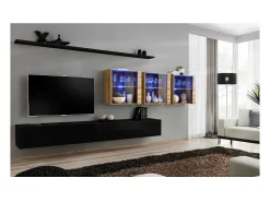 Conjunto de móveis de parede para sala de estar SWITCH XVII design, cor preto brilhante e carvalho Wotan.