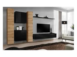 Conjunto de móveis de parede para sala de estar SWITCH VI, design moderno, na cor preto brilhante e carvalho Wotan.