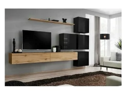 Conjunto de móveis de parede para sala de estar SWITCH IX design, cor carvalho Wotan e preto brilhante.