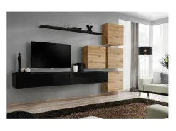 Conjunto de móveis de parede para sala de estar SWITCH IX design, cor preto brilhante e carvalho Wotan.