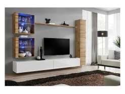 Conjunto de móveis de parede para sala de estar SWITCH XVIII design, cor branco brilhante e carvalho Wotan.