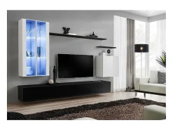Conjunto de móveis de parede para sala de estar SWITCH XII, design preto e branco brilhante.