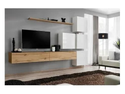Conjunto de móveis de parede para sala SWITCH IX design, cor carvalho Wotan e branco brilhante.