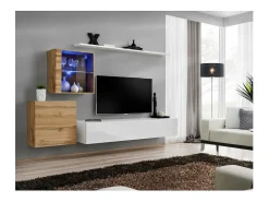 Conjunto de móveis de parede para sala de estar SWITCH XV, design moderno, na cor branco brilhante e carvalho Wotan.
