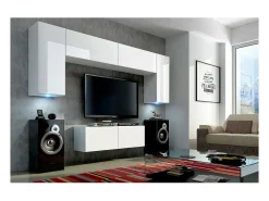 Conjunto de móveis de sala de estar brancos suspensos, coleção CEPTO II, 256cm, 6 portas, 4 prateleiras, leds, modulares.