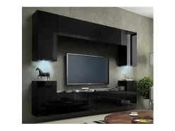Conjunto de móveis de sala de estar preto suspenso coleção CEPTO I 240cm, 8 portas, 6 prateleiras, leds.