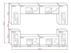 Conjunto de móveis de sala de estar preto suspenso coleção CEPTO I 240cm, 8 portas, 6 prateleiras, leds.