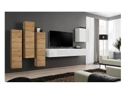 Conjunto de móveis de sala de estar design coleção SWITCH III. Cor carvalho wotan e branco brilhante.