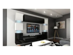Conjunto de móveis de sala de estar pretos e brancos suspensos, coleção CEPTO XIV. 256cm, 10 móveis, LEDs. Cubo de cor branca.