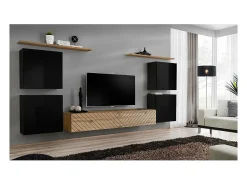 Conjunto de móveis de sala de estar design SWITCH IV. Cores preto e carvalho. Acabamentos em preto brilhante e carvalho usinado.