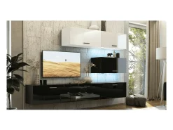 Conjunto de móveis de sala de estar com parte superior branca e inferior preta, suspensos coleção CEPTO XXV. 249cm, 6 móveis, com LEDs, modulares.