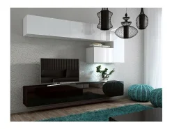 Conjunto de móveis de sala de estar suspensos branco e preto coleção CEPTO XV. 249cm, 8 móveis, leds.