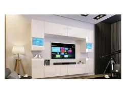Conjunto de móveis de sala de estar brancos, suspensos, coleção CEPTO XXVII. 240cm, 8 móveis, com LEDs, modulares.