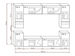 Conjunto de móveis de sala de estar brancos, suspensos, coleção CEPTO XXVII. 240cm, 8 móveis, com LEDs, modulares.