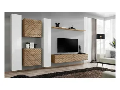 Conjunto de móveis de sala de estar design SWITCH VI. Cores branco e carvalho com acabamentos em branco brilhante e efeito de carvalho fresado.
