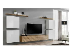 Conjunto de móveis de sala de estar design SWITCH IV. Cores branco e carvalho. Acabamentos em carvalho fresado e branco brilhante.