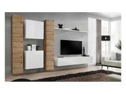 Conjunto de móveis de sala de estar design SWITCH VI. Cores em carvalho e branco com acabamento em carvalho com efeito fresado e branco brilhante.
