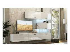 Conjunto de móveis de sala de estar branco suspenso coleção CEPTO XXV. 249cm, 6 móveis, LEDs, modulares.