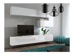 Conjunto de móveis de sala suspensos brancos da coleção CEPTo XV. 249cm, 8 móveis, com LEDs.