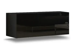 Conjunto de móveis de sala de estar pretos, coleção CEPTO VI 256cm, com 7 portas, prateleira de parede branca, LEDs, modulares.