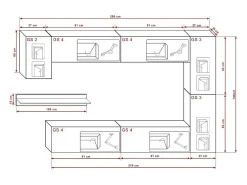 Conjunto de móveis de sala de estar pretos, coleção CEPTO VI 256cm, com 7 portas, prateleira de parede branca, LEDs, modulares.