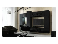 Conjunto de móveis de sala de estar pretos suspensos coleção CEPTO XXII. 273cm, 10 móveis, leds, modulares.