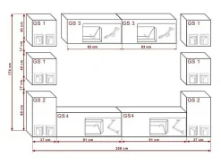 Conjunto de móveis de sala de estar suspensos, parte inferior preta, parte superior branca, coleção CEPTO XIV. 256cm, 10 móveis, com leds.