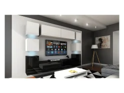Conjunto de móveis de sala de estar suspensos, parte inferior preta, parte superior branca, coleção CEPTO XIV. 256cm, 10 móveis, com leds.