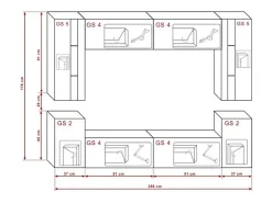 Conjunto de móveis de sala de estar brancos suspensos coleção CEPTO XXIV. 256cm, 8 móveis, com LEDs, modulares.