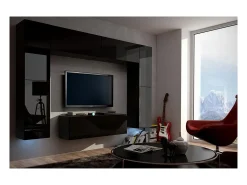 Conjunto de móveis de sala de estar pretos suspensos coleção CEPTO III 256cm, 8 portas, 8 prateleiras, LEDs, modulares.