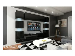 Conjunto de móveis de sala de estar pretos suspensos coleção CEPTO XIV. 256cm, 10 móveis, 10 portas, leds.