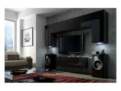 Conjunto de móveis de sala de estar pretos suspensos coleção CEPTO II 256cm, 6 portas, 4 prateleiras, LEDs, modulares.